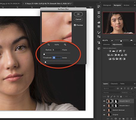 اسکرین شات از فتوشاپ که Surface Blur را نشان می دهد. 