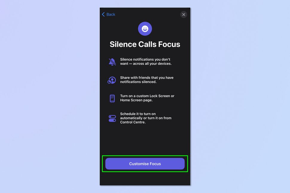 شروع تنظیمات اختصاصی برای حالت تمرکز در آیفون با انتخاب گزینه Customise Focus
