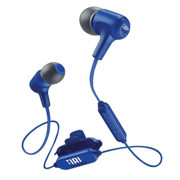 نمای نزدیک از هدفون بی‌سیم JBL E25BT به رنگ آبی با طراحی گردنی