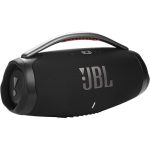 نمای سه‌رخ اسپیکر بلوتوثی JBL Boombox 3 با طراحی حرفه‌ای و بدنه مشکی