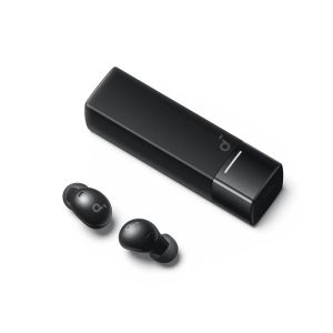نمای ایربادهای Soundcore A30i رنگ مشکی در کنار کیس شارژ رژ لبی باز شده