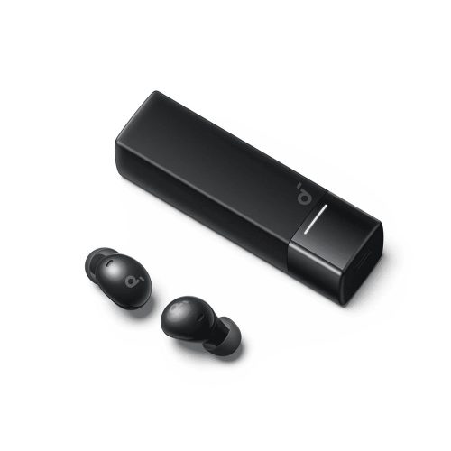 نمای ایربادهای Soundcore A30i رنگ مشکی در کنار کیس شارژ رژ لبی باز شده