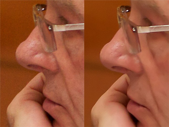 پرتره یک مرد با عینک را مقایسه کنید ، قبل و بعد از استفاده از کاهش نویز