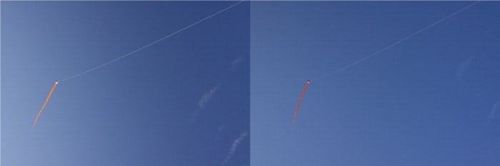 تصویری از همان عکس یک بادبادک در حال پرواز در آسمان آبی در یک روز آفتابی، قبل و بعد از استفاده از فیلتر پلاریزه
