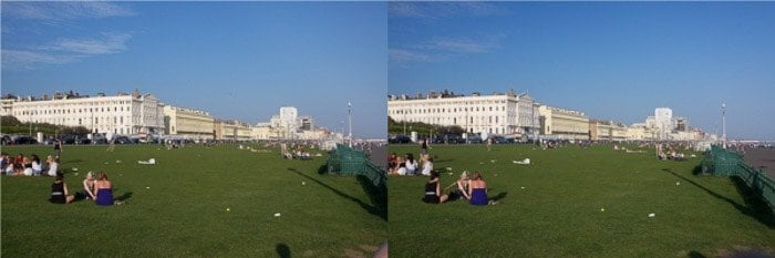 دوقطبی از همان عکس افرادی که در یک روز آفتابی در یک پارک چمن نشسته اند، قبل و بعد از استفاده از فیلتر پلاریزه