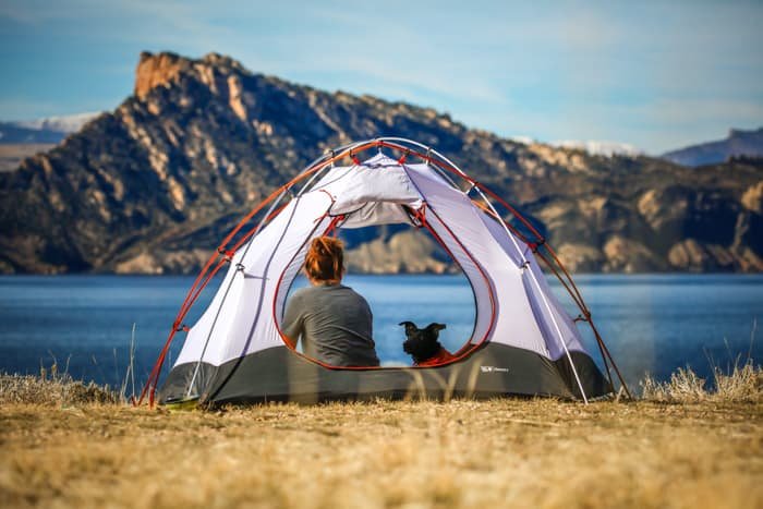 عکسی آرام از یک زن و سگ در چادر که به سمت منظره دریا و کوه های پیش رو نگاه می کنند