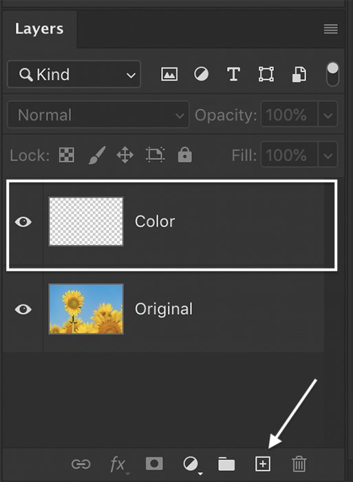ترکیب رنگ ها با استفاده از لایه ها: اسکرین شات از افزودن یک لایه جدید در پنل لایه ها