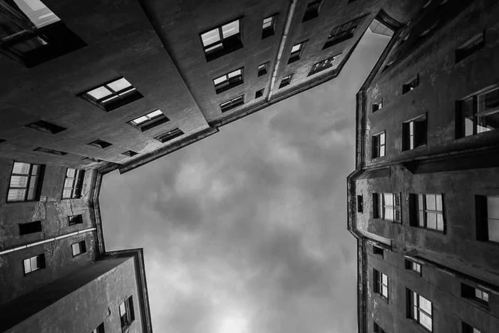 black and white vs color photography courtyard