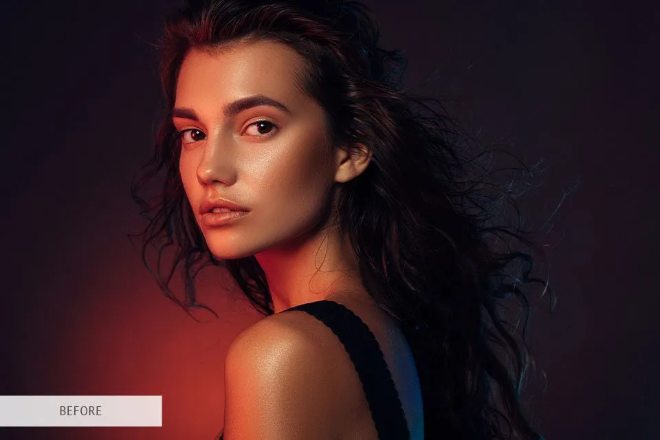 پرتره دختر با نورپردازی رنگی گرم و سرد در پسزمینه تاریک