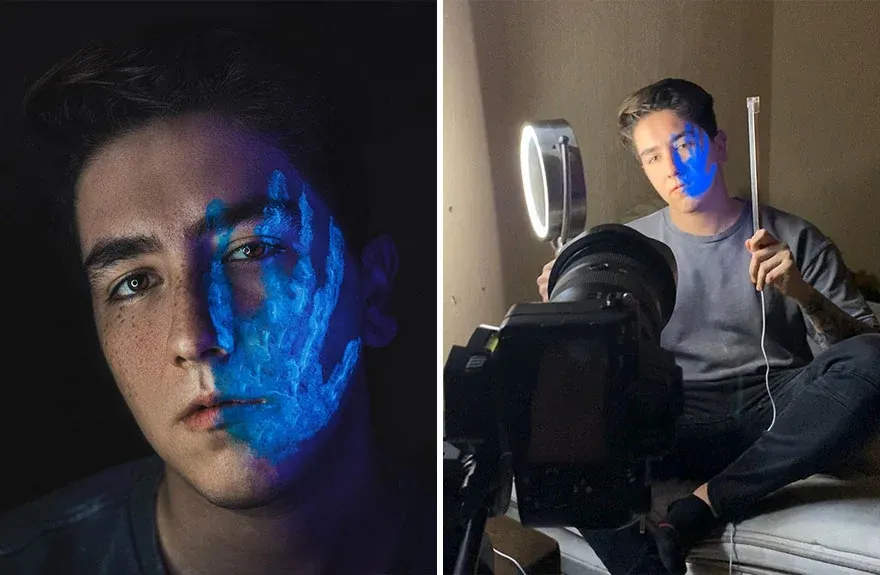 پرتره خلاقانه مرد جوان با افکت دست آبی نورانی و پشت صحنه ساخت نورپردازی