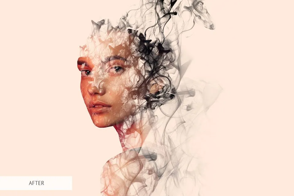 پرتره دابل اکسپوژر دختر ترکیبشده با دود در پسزمینه روشن