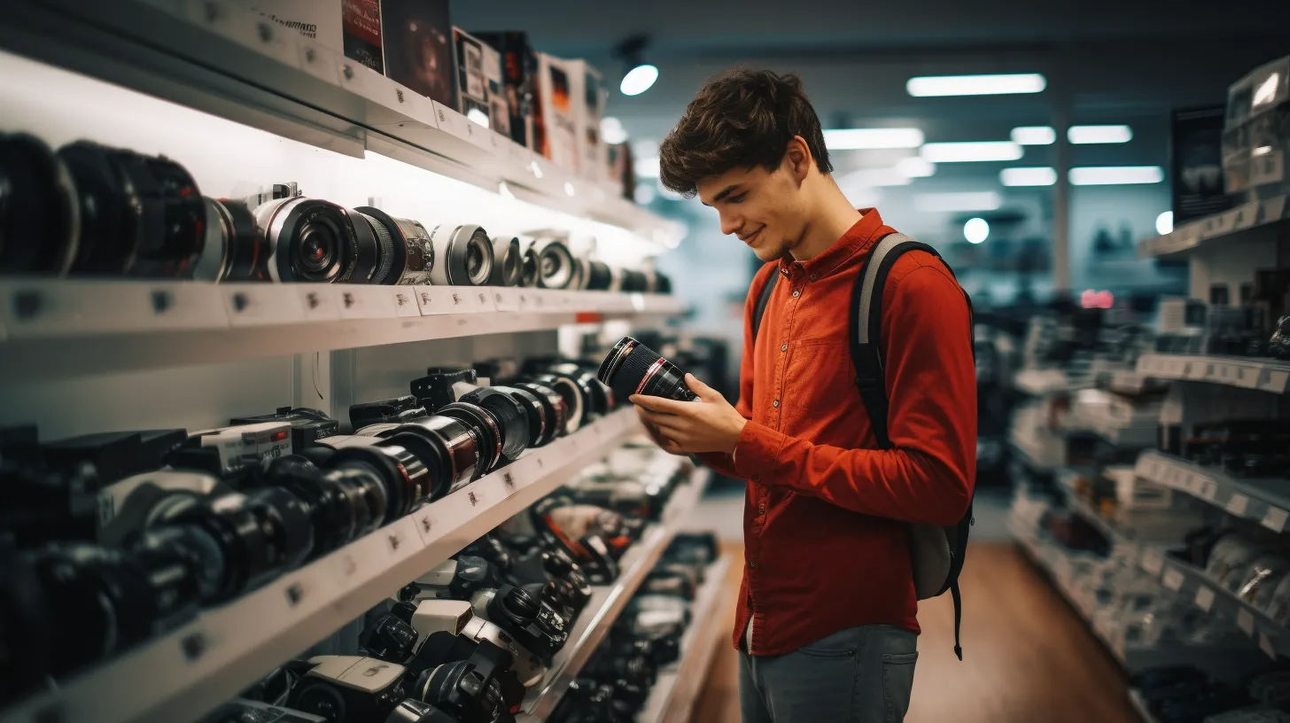 تصویر شخص در فروشگاه در حال انتخاب و خرید دوربین عکاسی