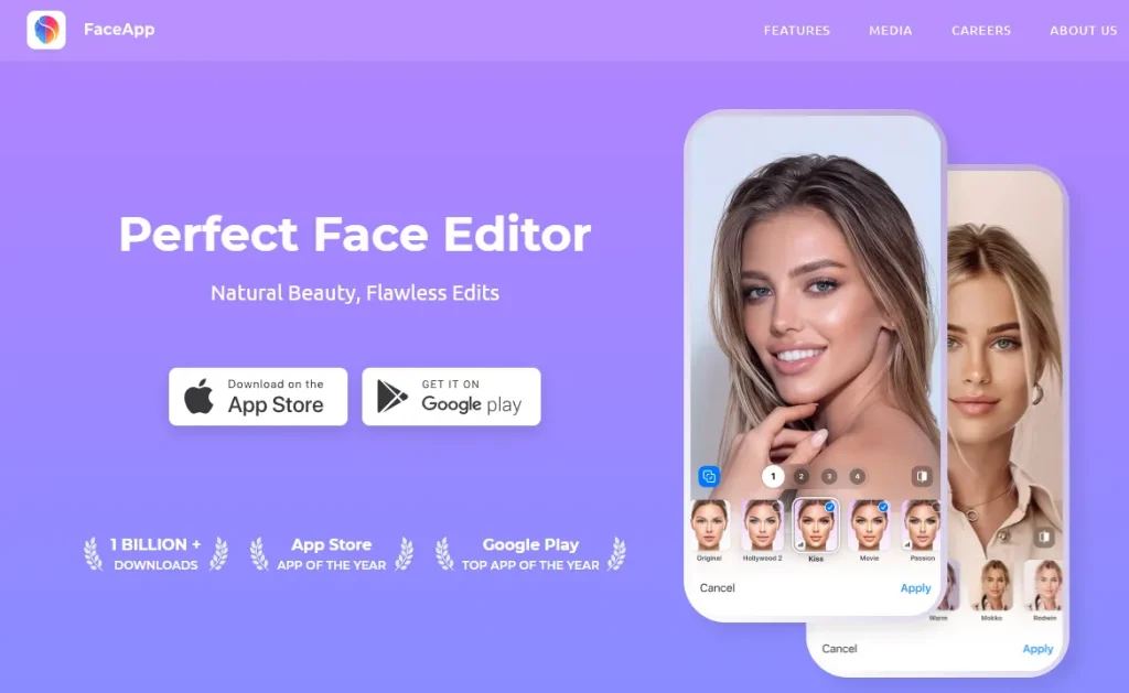 تصویر رسمی اپلیکیشن FaceApp با قابلیت ویرایش چهره و فیلترهای هوش مصنوعی مانند Hollywood و Kiss