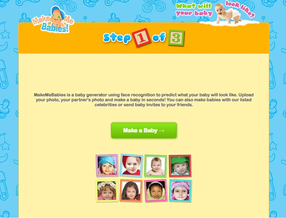 صفحه سایت MakeMeBabies برای ساخت چهره کودک با استفاده از عکس والدین و تکنولوژی تشخیص چهره