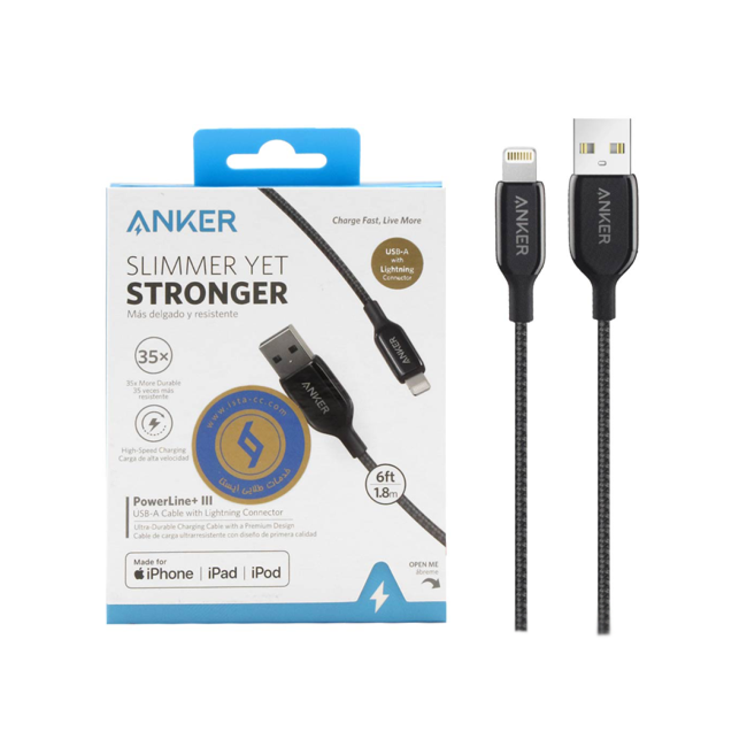 1.8 meter charging cable for iPhone ANKER PowerLineIII A8823 model black
