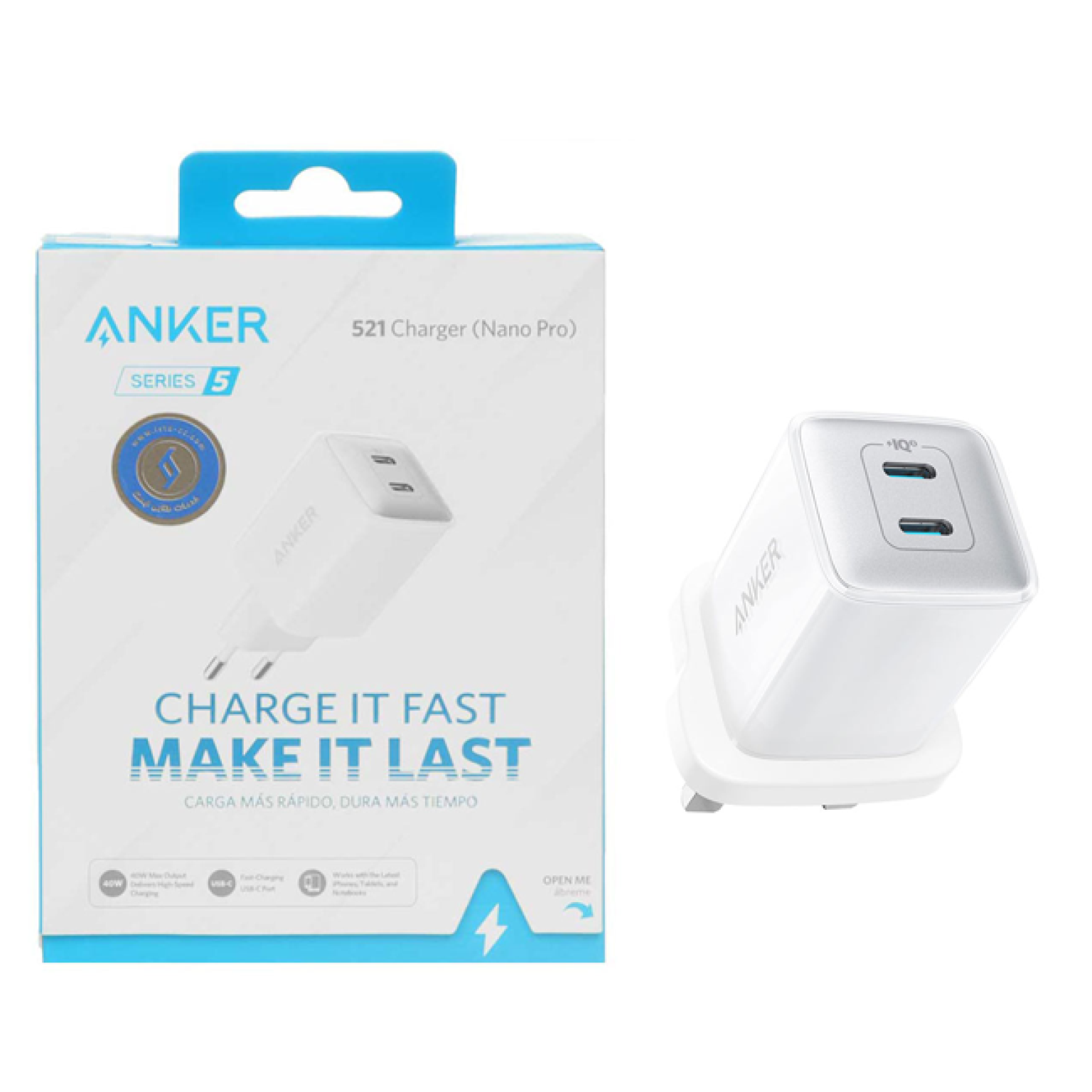 ANKER Nano Pro A2038 two port fast wall charger with 40W power and IQ3 technology white 1