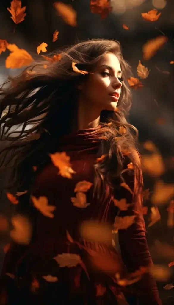 پرتره زنانه پاییزی با برگهای نارنجی