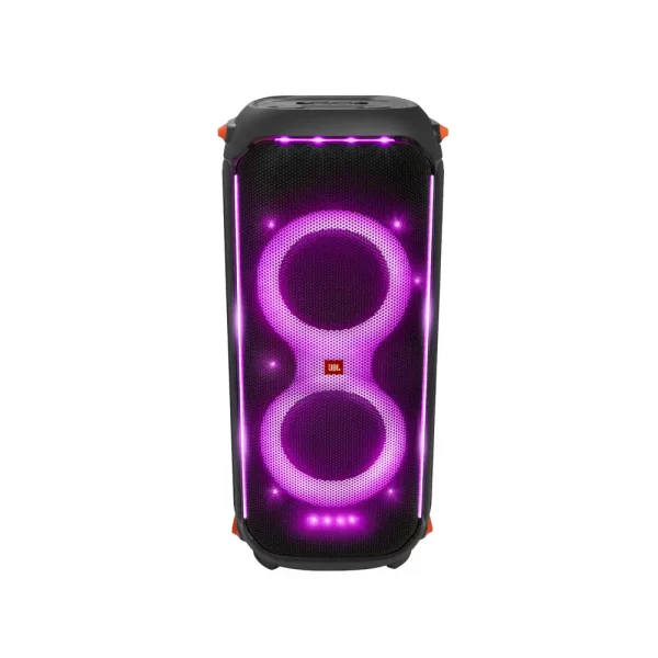 نمای داخلی اسپیکر JBL PartyBox 710 با نور بنفش و درایورهای دوبل