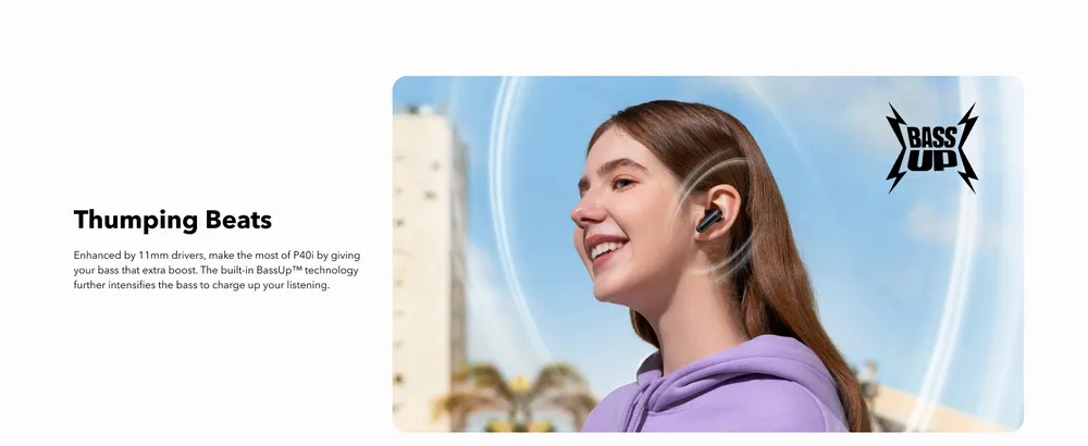 هندزفری انکر Soundcore P40i در گوش کاربر با تأکید بر قدرت بیس و درایور 11 میلیمتری