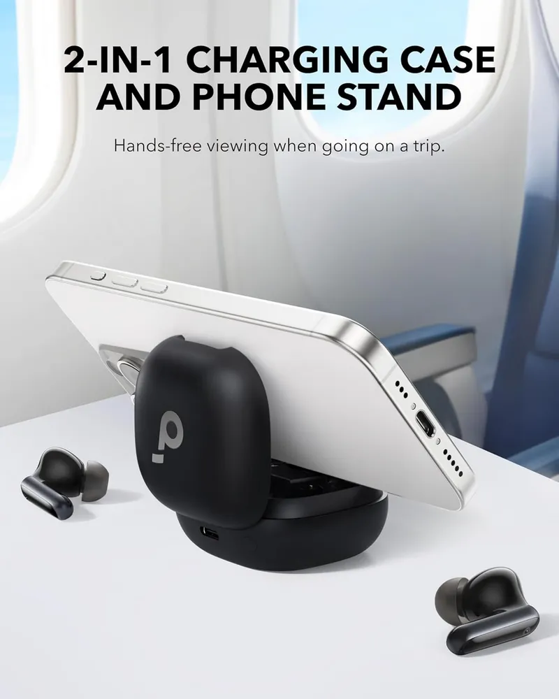 کیس شارژ هندزفری Anker Soundcore P40i بهعنوان پایه نگهدارنده گوشی درون هواپیما
