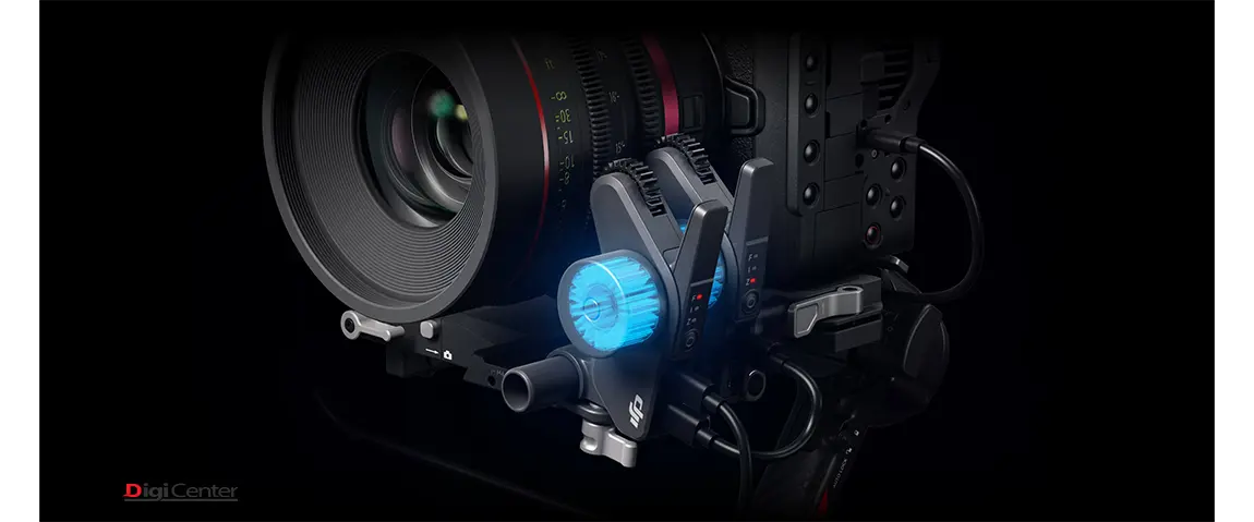 موتور فوکوس DJI نصبشده روی لنز سینمایی با نور LED آبی