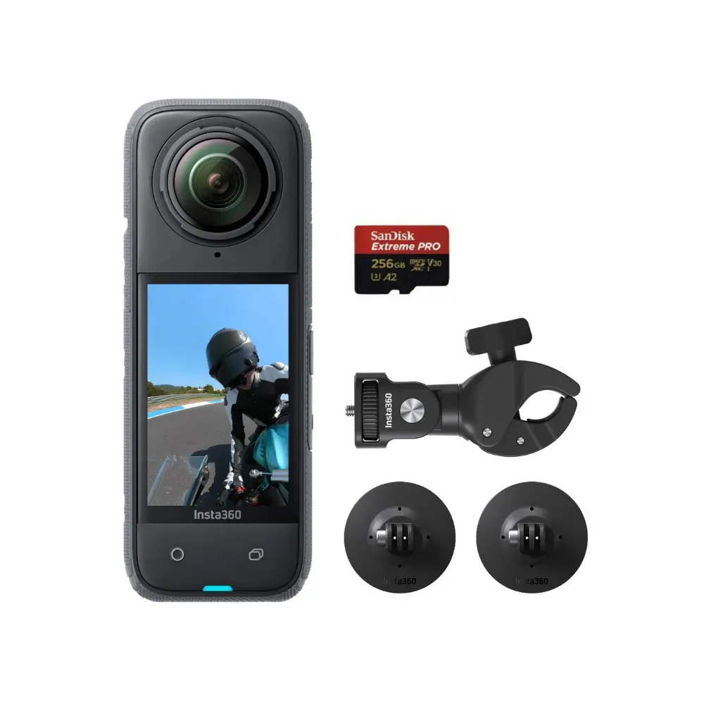تصویر کیت موتور سواری دوربین Insta360 X4 با لوازم جانبی