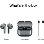 ایربادهای بیسیم نقرهای سامسونگ Galaxy Buds 3 همراه با محفظه شارژ و کابل شارژ USB-C