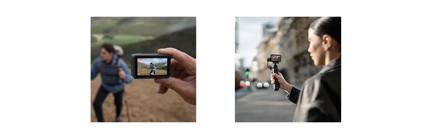 کاربران در حال استفاده از دوربین DJI Osmo Action 5 Pro برای ولاگ در فضای باز و محیط شهری