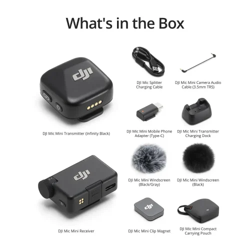 محتویات کامل جعبه DJI Mic Mini شامل فرستنده، گیرنده، کابل‌ها، کیس شارژ و مگنت