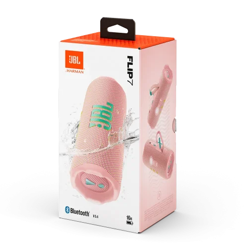 بسته‌بندی JBL Flip 7 صورتی ملایم درون جعبه