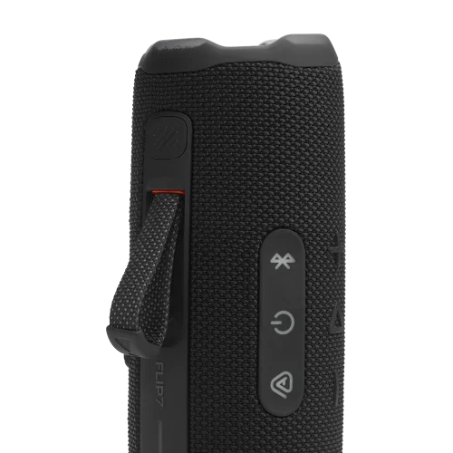 اسپیکر JBL Flip 7 مشکی ایستاده با بند و دکمه‌ها