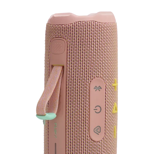 اسپیکر JBL Flip 7 صورتی ملایم با بند و دکمه‌ها در نمای ایستاده