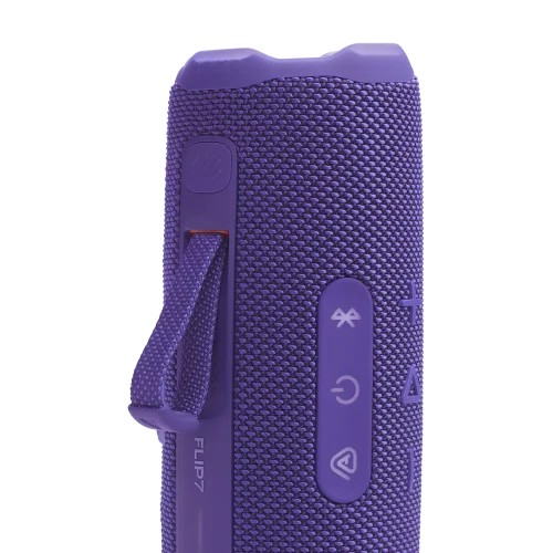 اسپیکر JBL Flip 7 بنفش ایستاده با بند و دکمه‌ها