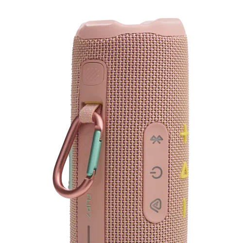 اسپیکر JBL Flip 7 صورتی ملایم با بند قفل‌دار و دکمه‌ها