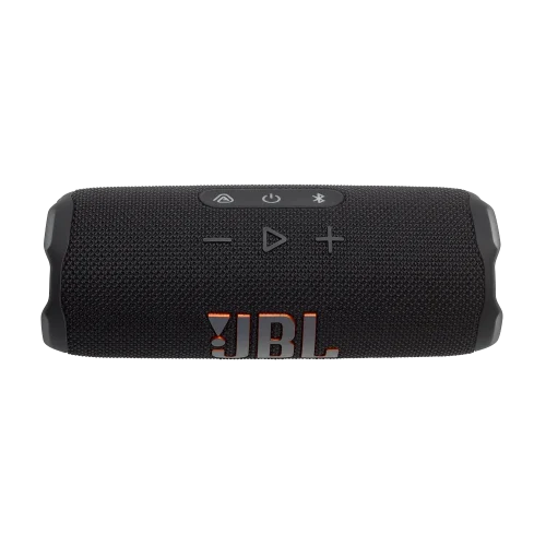 اسپیکر JBL Flip 7 مشکی افقی با دکمه‌های کنترل بالای لوگو