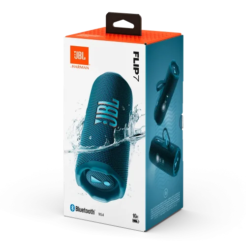 اسپیکر JBL Flip 7 سورمه‌ای داخل جعبه بسته‌بندی