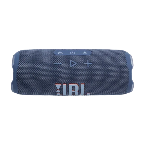 اسپیکر JBL Flip 7 سورمه‌ای در حالت افقی با دکمه‌های کنترل بالای لوگو