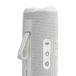 اسپیکر JBL Flip 7 سفید ایستاده با بند و دکمه‌های کنترلی