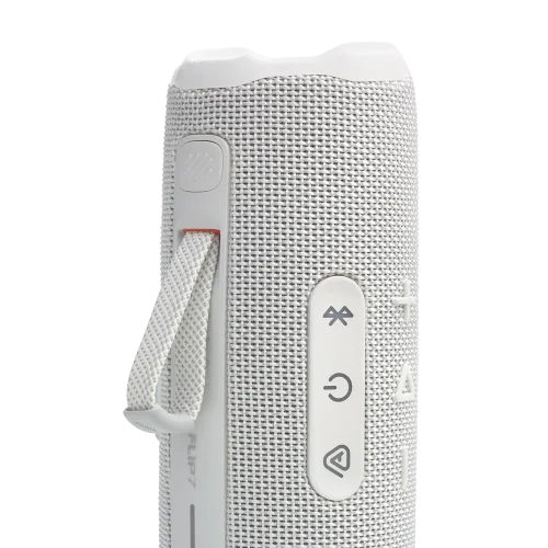 اسپیکر JBL Flip 7 سفید ایستاده با بند و دکمه‌های کنترلی