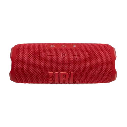 اسپیکر JBL Flip 7 قرمز افقی با دکمه‌های کنترلی بالای لوگو