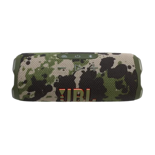 اسپیکر JBL Flip 7 ارتشی افقی با دکمه‌های کنترل بالای لوگو