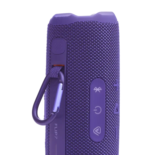 اسپیکر JBL Flip 7 بنفش با بند قفل‌دار و دکمه‌ها