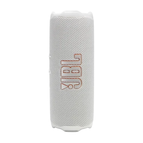 اسپیکر JBL Flip 7 سفید در حالت ایستاده با نمایش لوگو