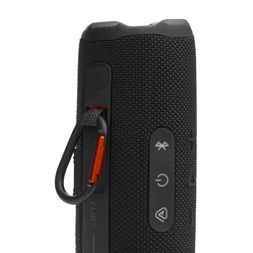 اسپیکر JBL Flip 7 مشکی ایستاده با بند قفل‌دار و کنترل‌ها