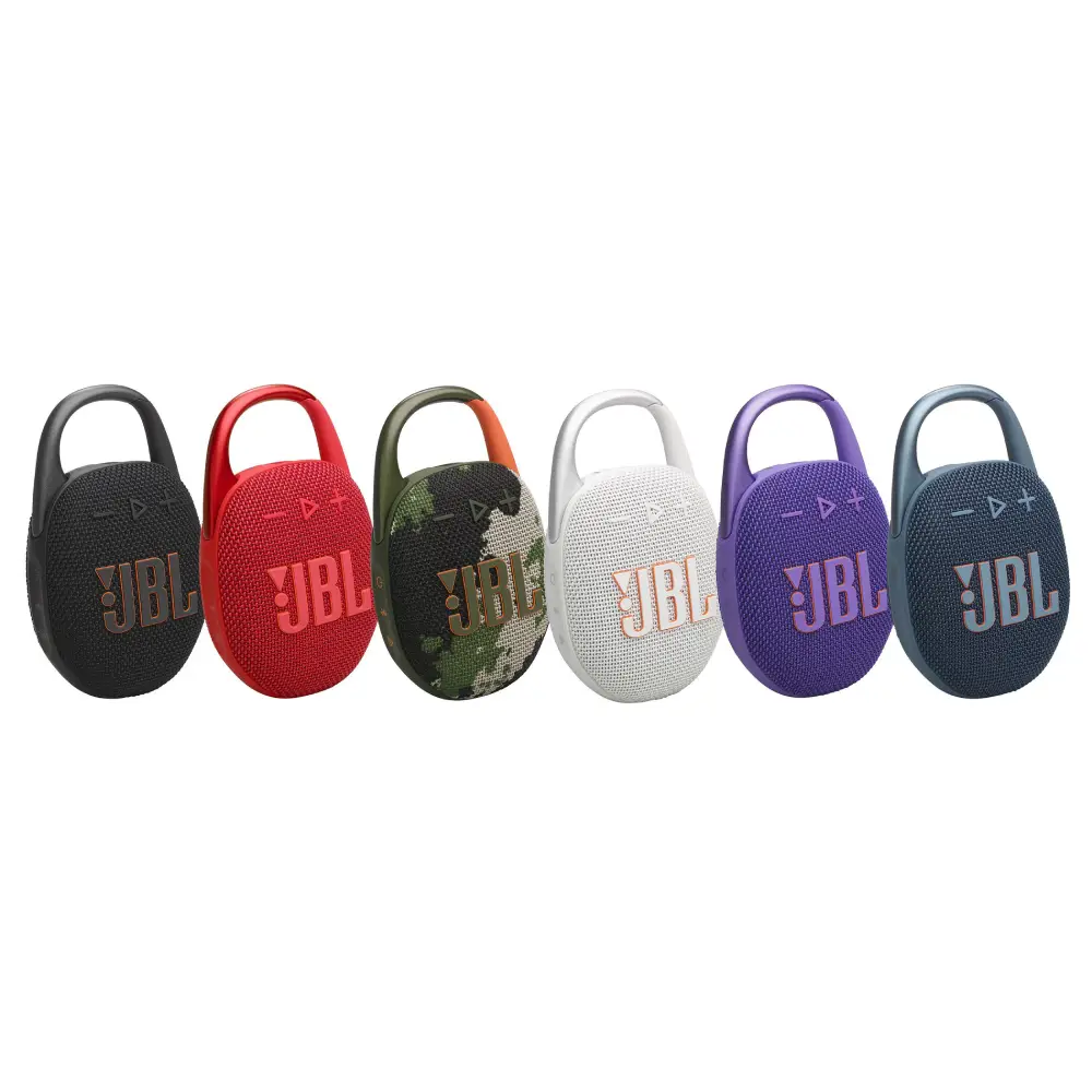 اسپیکر JBL Clip 5 در رنگهای متنوع: مشکی، قرمز، ارتشی، سفید، بنفش و سورمهای
