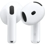 نمای نزدیک از دو ایرباد AirPods 4 در کنار هم، نمایش طراحی براق و متقارن اپل