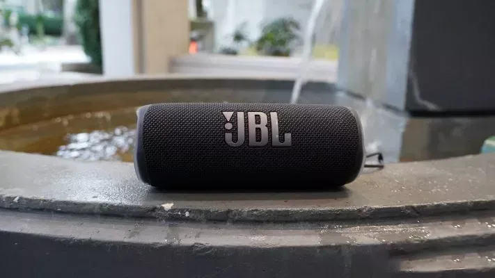 اسپیکر JBL Flip 6 روی سکوی کنار حوضچه، آماده برای پخش موسیقی در فضای باز