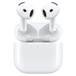 AirPods 4 با قابلیت حذف نویز فعال، یکی از ایربادها بیرون از کیس شارژ سفید اپل