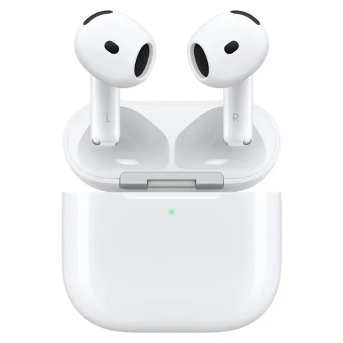 AirPods 4 با قابلیت حذف نویز فعال، یکی از ایربادها بیرون از کیس شارژ سفید اپل
