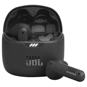 هندزفری JBL Tune Flex مشکی با یک ایرباد داخل کیس شارژ و دیگری بیرون از محفظه